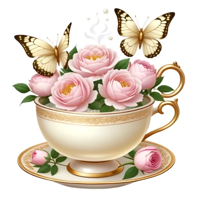 A charming, softly lit evening tea scene, where an ornate golden tea strainer rests atop a delicate ivory teacup filled with rose-infused tea, fresh blush roses and white peonies scattered around, while a pearl butterfly hovers above the steam.
 sticker