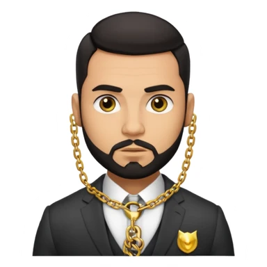 green eyes, dark short hair, muscular shoulders, big lips big nose big eyes, masculine good looking, dark beard wearing a suit . buttons of the shirt open. and olive skin tone  sticker