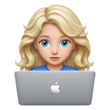 blond girl, blue eyes, hair wavy, , behind her silver colored laptop from apple sticker