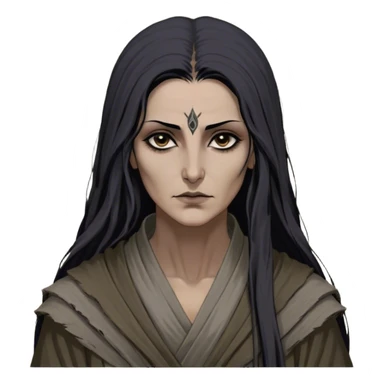 Mirri Maz Duur is a weathered, middle-aged Lhazareen woman with deep-set dark eyes, high cheekbones, and a sharp nose, giving her a stern, knowing expression. Her long, unkempt dark hair streaked with gray falls loosely over her shoulders, and her earth-toned, tattered robes mark her as a humble healer. Despite her frail appearance, she exudes an aura of mystery and menace, her hands stained with herbs and blood from both healing and dark sorcery. sticker