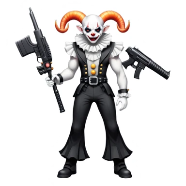 full-body muscular demonic clown, battle-ready, black and white leisure suit with bellbottom pants, bald, black ram horns, flashy black and white belt, ruffled white shirt, no neck tie, large fangs, holding very large futuristic rifle sticker