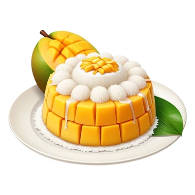 Mango Sticky Rice Cinematic Realistic Mango Sticky Rice Dessert Emoji, depicted as sticky rice drizzled with coconut milk topped with a layer of coconut cream, accompanied by sliced mango on the side of the plate, rendered with vivid textures and warm, tropical lighting. sticker