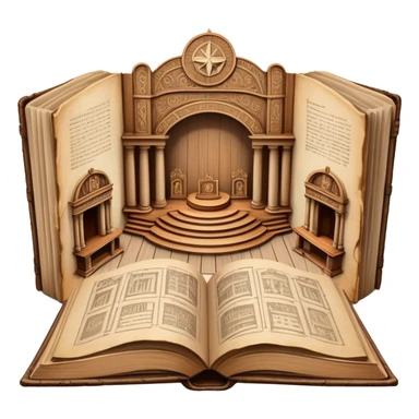 Ancient book with pages open wide displaying multiple theatrical set sketches, perspective drawings of stage designs, backdrop illustrations with Puerto Rican symbols integrated, wooden cover edges sticker