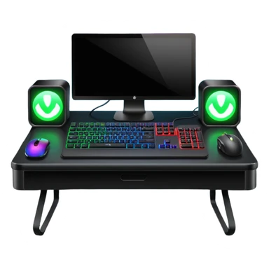 rgb gaming computer on black desk with a black keyboard and mouse sticker
