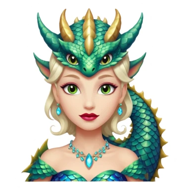 Am amazing blend of a half dragon woman with glittering jeweled scales covering her body. She has large almond shaped eyes, lush lips, and she wears a stunning luminescent gown. sticker