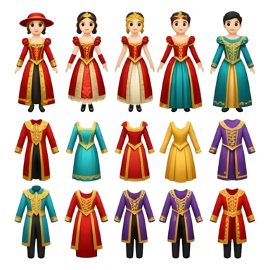create a series of images for Theatre costumes Inventory showing a variety of costume styles without a person sticker