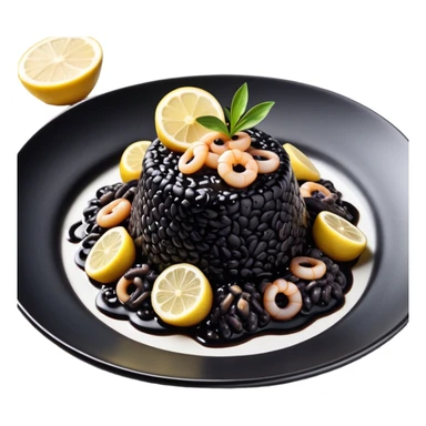 cinematic-realistic-black-risotto-dish-emoji,-showcasing-small squid pieces in black sauce -rendered-with-bold-textures-and-dynamic,-dramatic-lighting in a white plate with a grilled lemon on top sticker