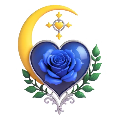 gothic heart in deep blue glass, silver crescent moon accent, large black rose details, mysterious and opulent sticker