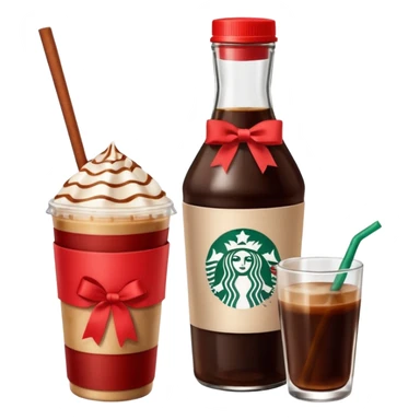 Starbucks iced espresso with milk and the cup has red ribbons printed on it. There is a bottle of cinnamon dolce syrup next to it  sticker