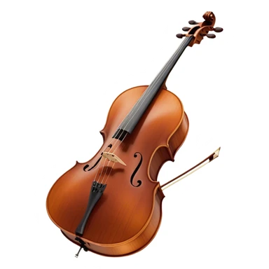 Create an elegant and refined emoji representing a Cremona 4/3F 4/4 cello with bow. The design should feature the distinctive, finely crafted body of the cello, highlighting its rich wooden finish and gracefully curved shape. The bow should be included, with visible horsehair and a polished wooden stick. Add subtle details like tuning pegs and strings to emphasize the precision and craftsmanship of the instrument. Use warm wood tones, deep brown, and soft metallic accents to reflect the high quality of the Cremona cello. The background should be transparent. sticker