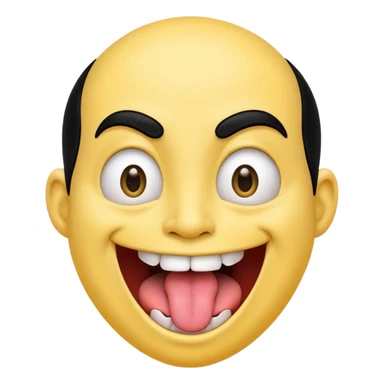 Freaky yellow face emoji smiling really big with huge tongue out and eyes wide open. Tongue should is wagging back and forth. Give him a head of black hair sticker