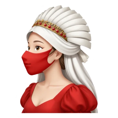 mujer de perfil con un vestido rojo de manga y falsas largas y voluptosas, y una toca blanca GRANDE que no se le ve la cara porque la toca la cubre sticker