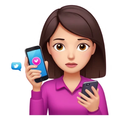 Social media manager. She has dark brown hair, brown eyes, overwhelmed expression, tired eyes, slightly stressed face,a holding a smartphone with notifications piling up. Use vibrant colors with a focus on pink and fuchsia tone sticker