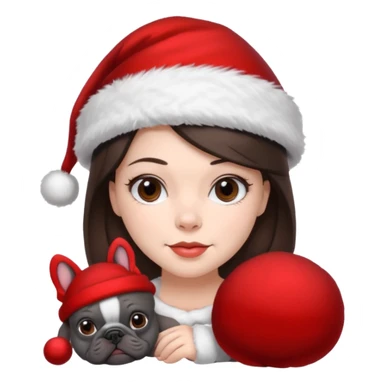 brunette woman with a dark grey French bulldog both wearing Santa sticker