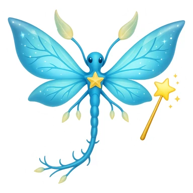 Add a magic wand to the neuron with sparkling fairy wings in the style of apple emojis, keeping the apple emoji style exactly, no background. sticker