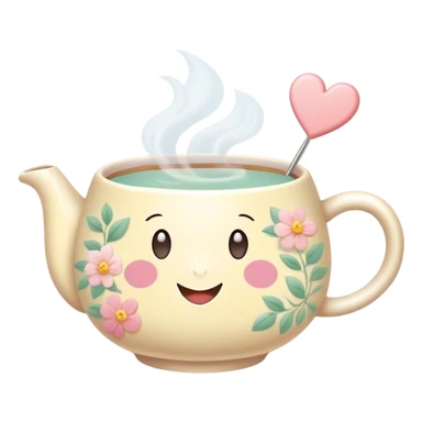 Cute Kawaii Tea Cup, steaming with warmth, a charming smiling face, soft pastel tones, delicate floral patterns, a tiny heart-shaped tea bag tag, cozy and inviting! sticker