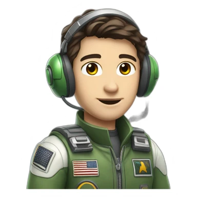 A young white male tennager with dark brown hair and brown eyes in a pilot suit and wearing a green Pilot headset sticker