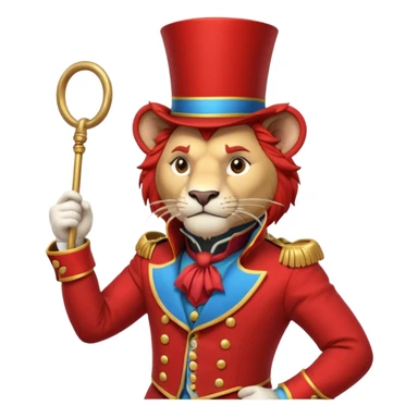 circus lion tamer portrait, head and shoulders only, red ringmaster jacket collar, confident strong look, whip handle visible, 3D cartoon, mobile game icon style, clean background, no text, no watermark
 sticker