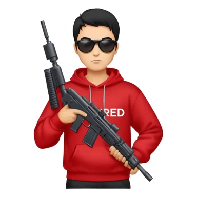 A guy in a red sweatshirt with sunglasses, with stylish black hair, holding a machine gun, and behind his back you can see the inscription: PRED sticker