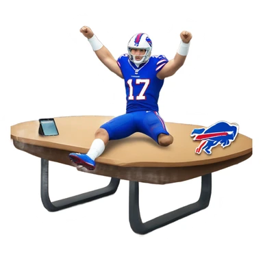 My blonde girlfriend Macy wearing a buffalo bills Josh Allen jersey and jumping through a table sticker