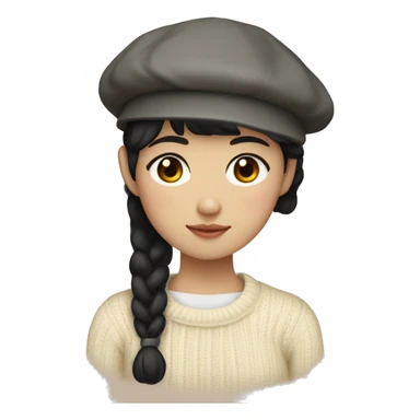 korean girl short black hair sharp jawline, wearing a cream sweater and beret sticker
