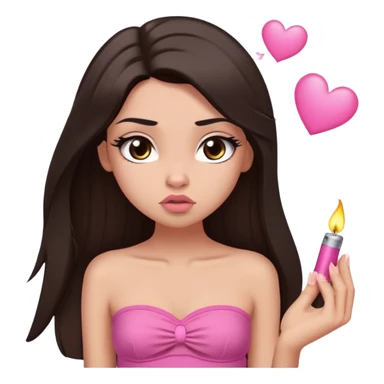 girl with lighter skin, dark brown long straight hair falling in front of her body, pouty shiny lips without cupid's bow, large eyes, lighter button nose, long oval-shaped face, wearing a pink bandeau top with straight neckline, looking directly at camera with hands down at sides sticker