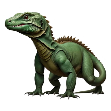 cinematic-komodo-dragon-realistic-full-body-standing on all fours-emoji,-massive-scaled-body-poised-with-quiet-power,-rough-textured-skin-dark-green-and-dark brown, black,-head-tilted-dramatically,-long-forked-tongue-flicking-out,-simplified-yet-realistic-focused-features,-highly-detailed,-glowing-with-an-almost-sarcastic-glow

 sticker