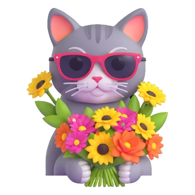 cat wearing sunglasses holding a bouquet of flowers sticker