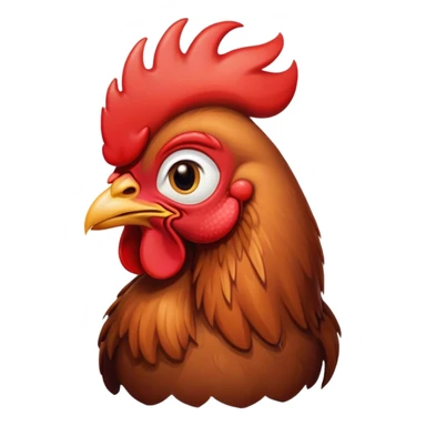 Cinematic Cute Brown Rooster Portrait Emoji, Head tilted playfully and inquisitively, featuring a glossy, immaculate brown plumage with a vibrant red comb, round, sparkling warm eyes filled with curiosity, Simplified yet irresistibly adorable features, highly detailed, glowing with a warm, friendly glow, high shine, affectionate and spirited, stylized with a touch of farmyard whimsy, bright and endearing, soft glowing outline, capturing the essence of a mischievous yet loving rooster, so playful it feels like it could strut out of the screen and into your arms! sticker