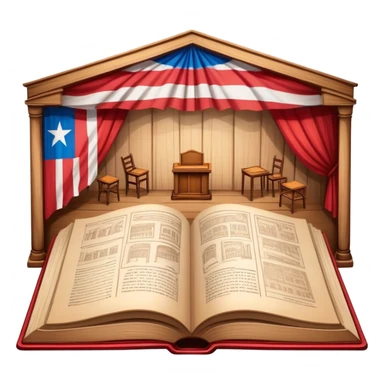 Timeless open book with visible pages of hand-drawn theater backdrop sketches, stage layouts and set designs, Puerto Rican flag motifs integrated throughout, wooden cover with theater symbols, warm light sticker
