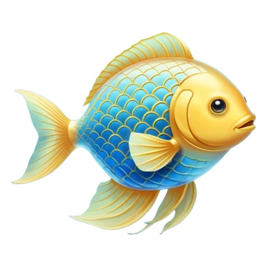 Ethereal golden fish in the shape of an omega symbol, radiating gentle waves of energy that flow toward a glowing brain and heart. The fish appears translucent and luminous, with scales that shimmer with healing properties, all suspended in a dreamy blue atmosphere. sticker