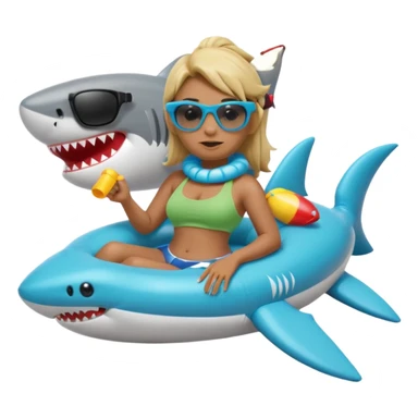 orc female sitting in an inflatable floatie shaped like a shark, wearing oversized sunglasses and a whistle on a neck cord, 2d sticker
