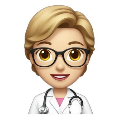 A single smart female nurse with white scrub suit with golden round glasses with short brown hair with beautiful smile and pinky lip sticker