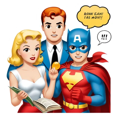 Icon for Vintage American Comics: an open comic book with classic 1940s-1950s American comic art, featuring superheroes in bold, bright colors, with action panels and exaggerated speech bubbles. The icon should represent the nostalgic style of vintage comics. Transparent background. sticker