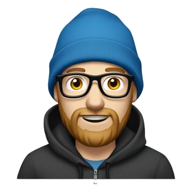 pale white man with a beard in a blue hoodie wearing a black carhartt beanie and clear glasses sticker