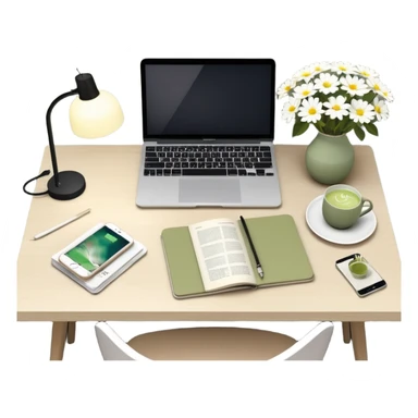 seeing a working from home desk from above with a macbook computer, fashion/interior magazines, flowers in a little vase, louis poulsen portable lamp with a dimmed cozy light and a iced matcha. very scandinavian aesthetic sticker