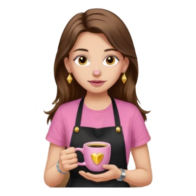 Fille cheveux long châtain, peau beige type européen, teeshirt rose avec un tablier noir, piercing au nez anneau doré, boucle d’oreille diamant doré. Elle boit un café sticker