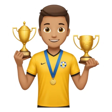 happy soccer player with a first-place medal and a trophy in yellow t-shirts sticker
