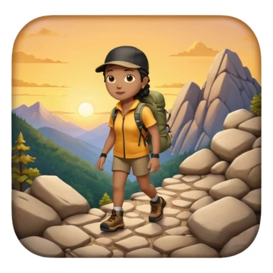 A 3D cartoon hiker silhouette standing on a rocky path at sunset, warm golden light, Memoji-style rendering. inside photo frame sticker