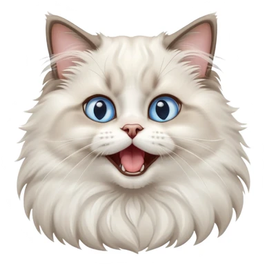 cinematic-adorable-big-eyed-fluffy-ragdoll-cat-portrait-emoji,-head-tilted-playfully-with-a-cute,-yawn,-white and grey fur,-simplified-yet-irresistibly-cute-features, blue eyes sticker