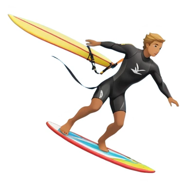 An athlete in a wetsuit riding a winged kiteboard, soaring above the waves with a powerful breeze beneath a clear blue sky. The scene captures the dynamic motion of the sport, with the ocean waves and kite gliding through the air, symbolizing freedom and adventure. sticker