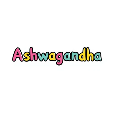 The word "Ashwagandha" hand-drawn in a vibrant tropical color scheme with pinks, teals, and yellows. Simple doodle style with minimal decoration. sticker