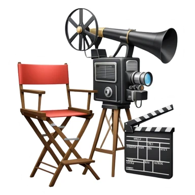 Icon for Directing: a director's chair, a film clapperboard, large movie camera, vintage megaphone and a stage with a spotlight. The icon should represent the creative and organizational aspects of directing, with focus on storytelling, staging, and performance. Transparent background. sticker