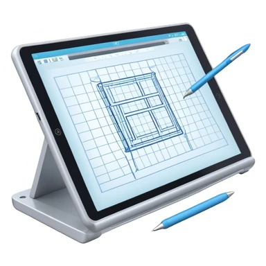 Create an emoji for 3D visualization and modeling. Show a large graphic tablet with a stylus drawing in a 3D modeling program, displaying a wireframe model on the screen. Use modern, professional colors. Do not include any emojis or smiley faces. Make the background transparent. sticker