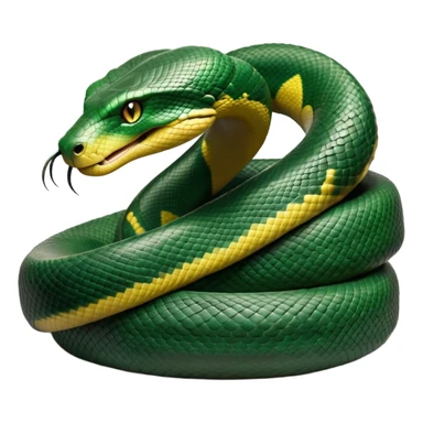 cinematic-anaconda-realistic-full-body-coiled-emoji,-thick-muscular-body-wrapped-in-powerful-loops,-smooth-green-and-black-patterned-scales-glinting-under-the-light,-head-raised-slightly,-piercing-golden-eyes-staring-intensely,-simplified-yet-realistic-focused-features,-highly-detailed,-glowing-with-an-almost-sarcastic-glow sticker