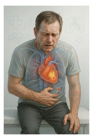 a middle-aged man sits on a bench, clutching his chest with a pained expression. His face is pale and sweaty, and his posture is hunched forward. A transparent overlay reveals his heart and major blood vessels, with highlighted areas indicating blockages or damage. The background is clean and clinical, with subtle medical icons. sticker