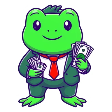 frog character in a fancy green suit holding money sticker