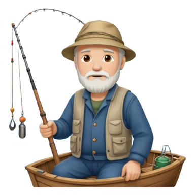 an old white haired, bearded man in fisherman attire, sat in a big boat on a calm sea, holding one fishing rod in one hand, with the end of the fishing line touching the water sticker