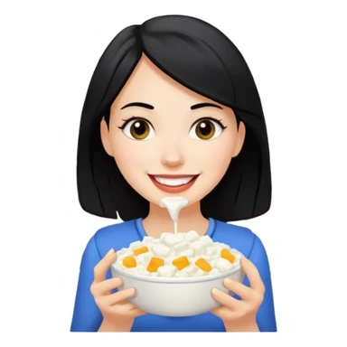 A white girl with black hair eating cottage cheese sticker