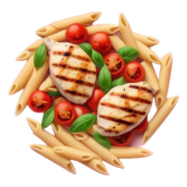 penne with cherry tomatoes and grilled chicken on a round pastel pink plate sticker